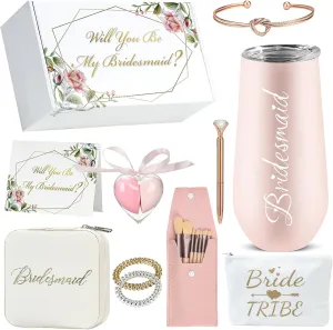 Bridesmaid Proposal Gifts Set - Will You Be My Bridesmaid 11 Goodies Bridal Shower Set With 6oz 304 Stainless Steel Cup, Travel Jewelry Box, Cosmetic Bags, Makeup Brushes, Eggs, and Invitation Cards