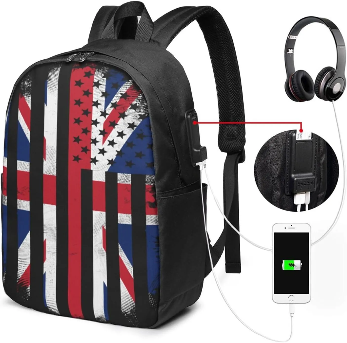 British England UK English American Flag Laptop Backpacks Travel Backpack Casual Business Daypack Sport Rucksack Computer Bag Fits up to 17 Inch Notebook with USB Port