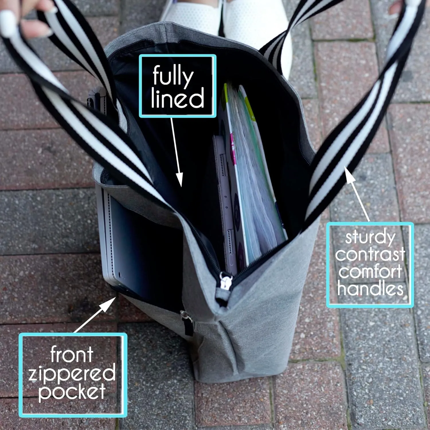 Brooke & Jess Designs Sports Mom Large Zippered Tote Bag with Pockets for Women
