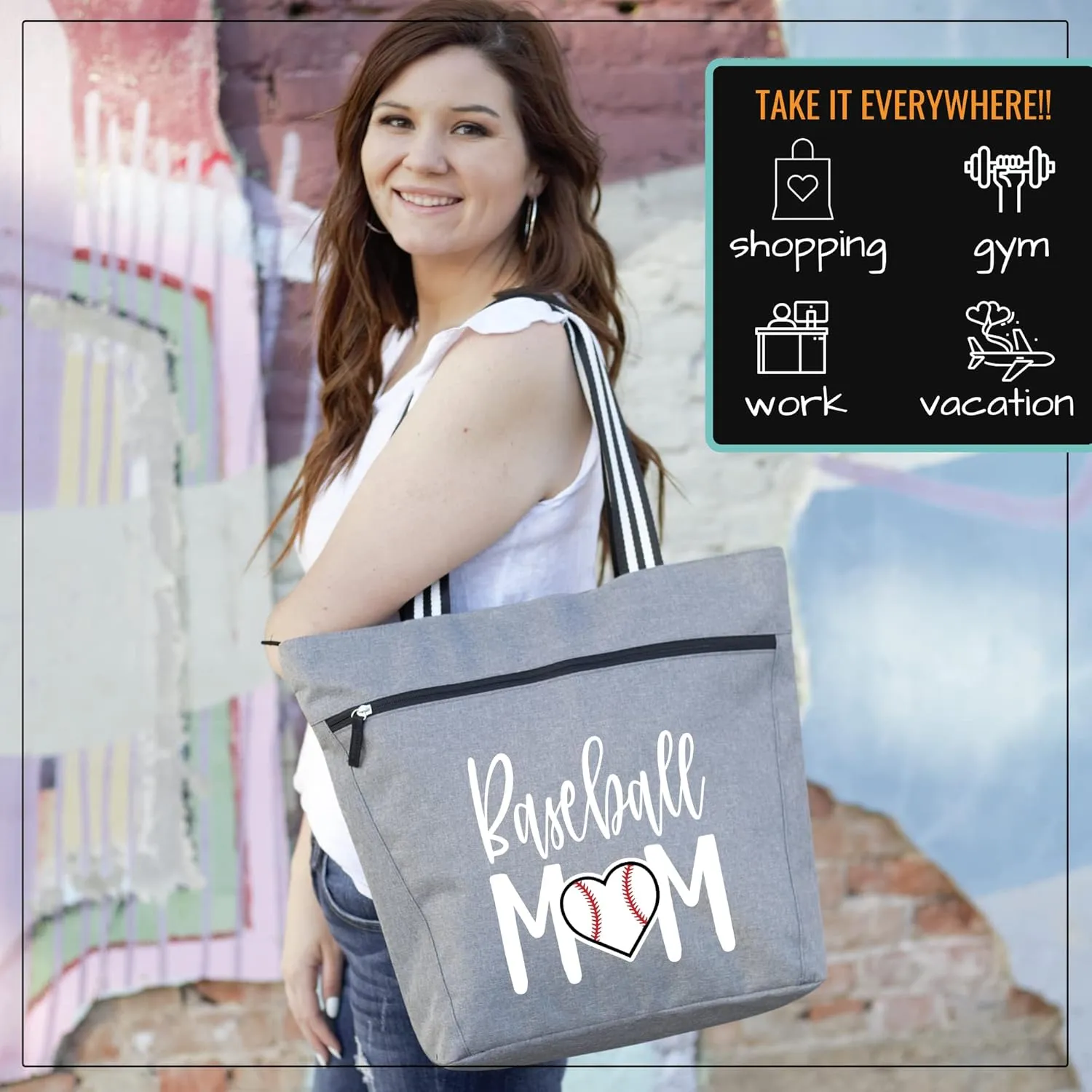 Brooke & Jess Designs Sports Mom Large Zippered Tote Bag with Pockets for Women