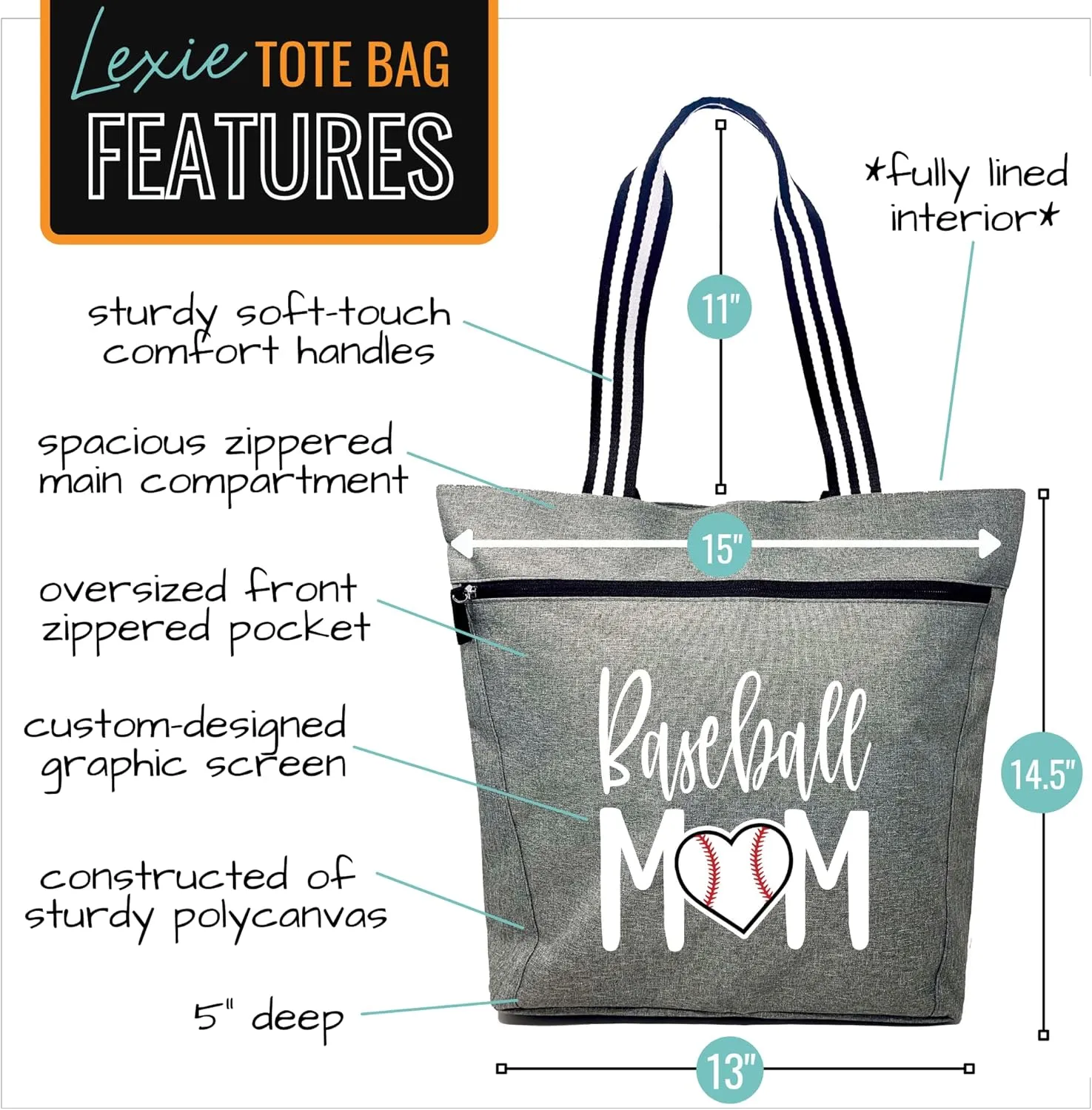 Brooke & Jess Designs Sports Mom Large Zippered Tote Bag with Pockets for Women