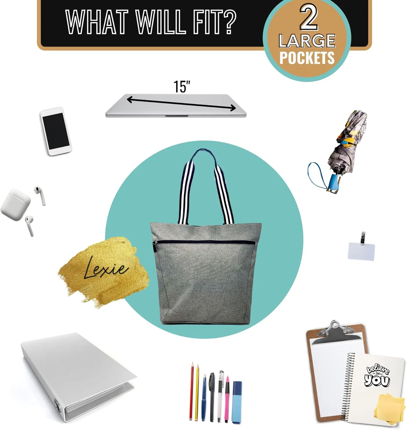 Brooke & Jess Designs Sports Mom Large Zippered Tote Bag with Pockets for Women