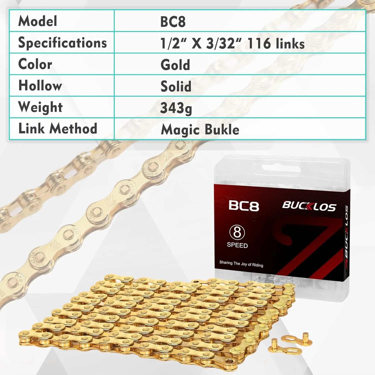 BUCKLOS Bike Chain, 1/2 x 3/32 Inch, 116 Links, Gold, 8-Speed, Compatible with SHIMANO/SRAM/CAMPAGNOLO