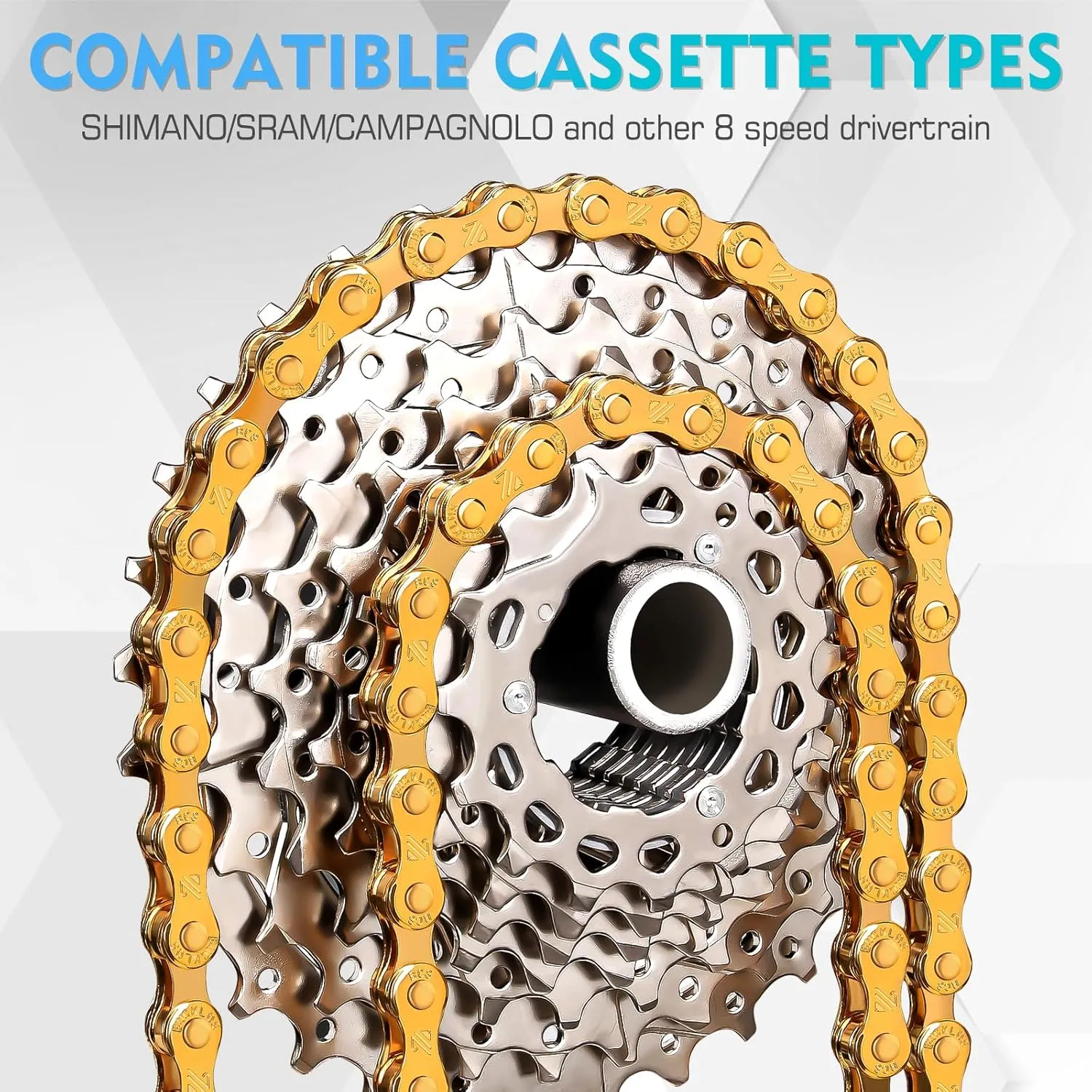BUCKLOS Bike Chain, 1/2 x 3/32 Inch, 116 Links, Gold, 8-Speed, Compatible with SHIMANO/SRAM/CAMPAGNOLO
