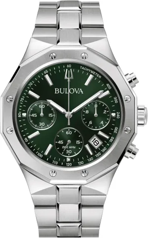 Bulova Men's Classic 6-Hand Chronograph High Performance Quartz Silver Stainless Steel Watch, Green Dial,Geometric Bezel 24 Hour Time, 44mm, Style:96B409