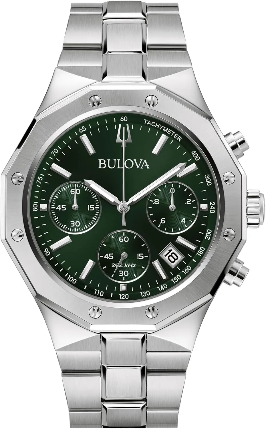 Bulova Men's Classic 6-Hand Chronograph High Performance Quartz Silver Stainless Steel Watch, Green Dial,Geometric Bezel 24 Hour Time, 44mm, Style:96B409