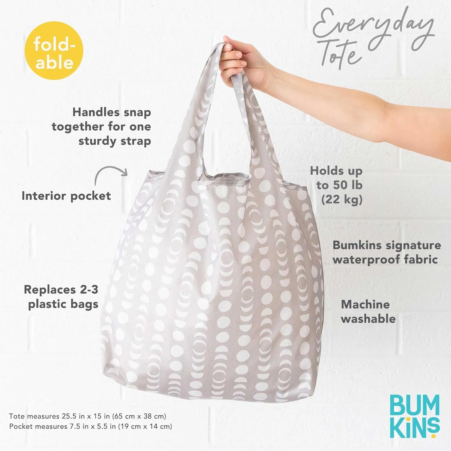 Bumkins Reusable Grocery Shopping Tote Bag for Women, Large Boho Style with Handles, Foldable, Washable, Shoulder Straps