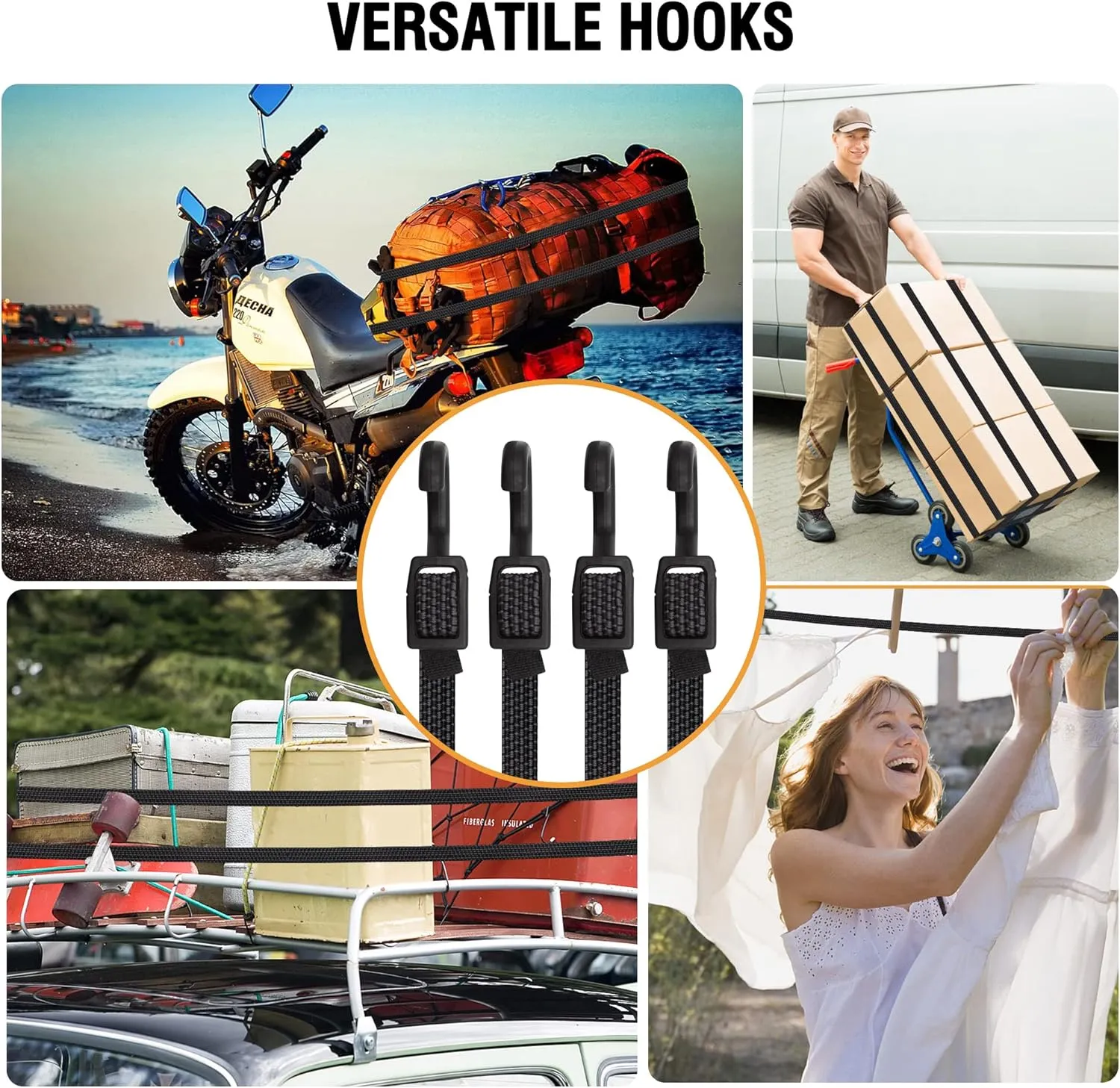 Bungee Cords with Hooks Heavy Duty, Flat Adjustable Bungee Cords with Hooks 40 Inch, Rubber Black Bungee Straps with Buckle Hooks for Outdoor, Camping, Tarps, Bike Rack, Tent, Truck, 4 Pack