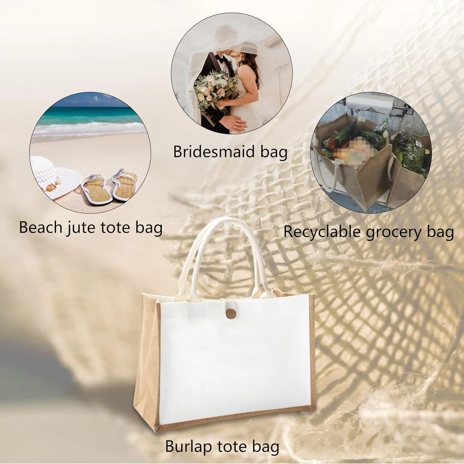 Burlap Tote Bag with Button, 14.5" x 6.7" x 10.2" - Set of 1 Reusable Jute Tote Bags for Travel, DIY, Shopping, Beach, Wedding, Gym