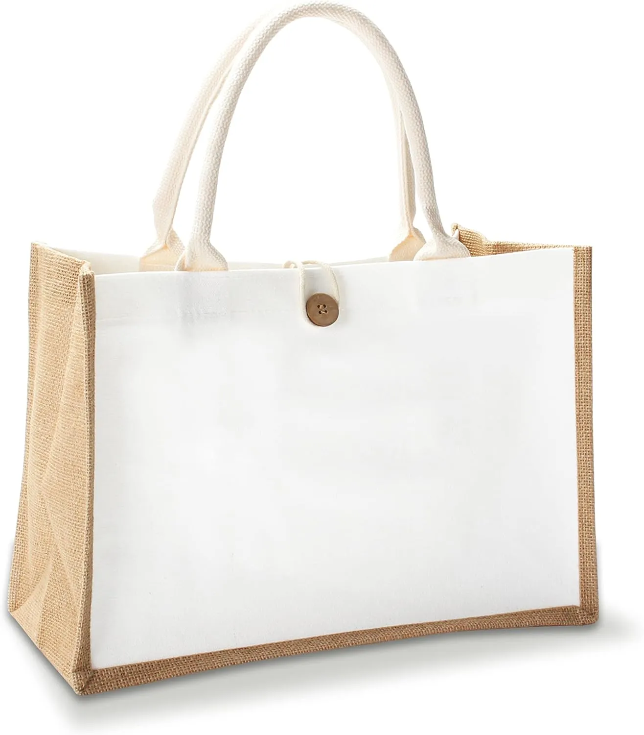 Burlap Tote Bag with Button, 14.5" x 6.7" x 10.2" - Set of 1 Reusable Jute Tote Bags for Travel, DIY, Shopping, Beach, Wedding, Gym