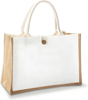 Burlap Tote Bag with Button, 14.5" x 6.7" x 10.2" - Set of 1 Reusable Jute Tote Bags for Travel, DIY, Shopping, Beach, Wedding, Gym