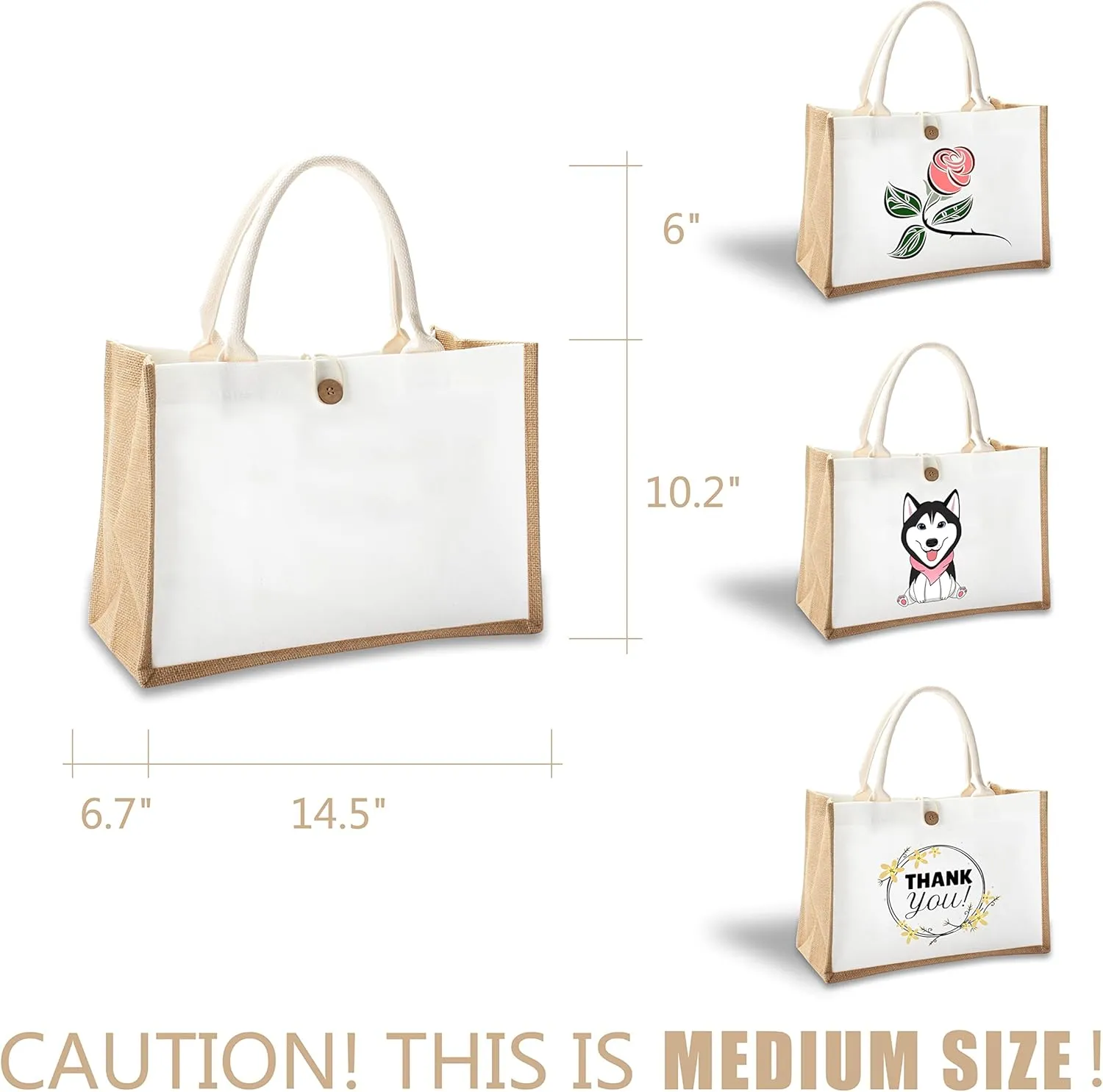 Burlap Tote Bag with Button, 14.5" x 6.7" x 10.2" - Set of 1 Reusable Jute Tote Bags for Travel, DIY, Shopping, Beach, Wedding, Gym