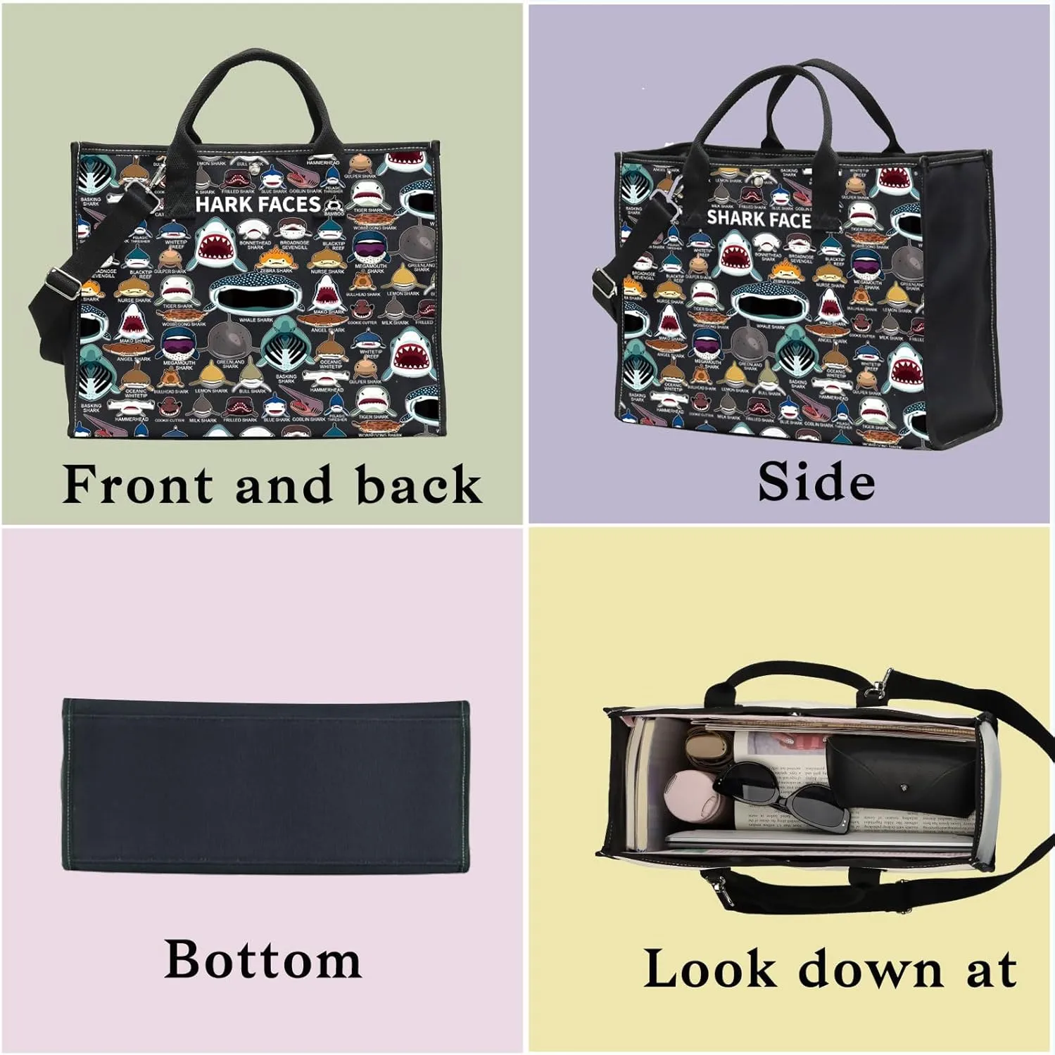 BWWKTOP Shark Face Canvas Tote Bag - Shark Lovers Gift - Reusable Grocery Bags
