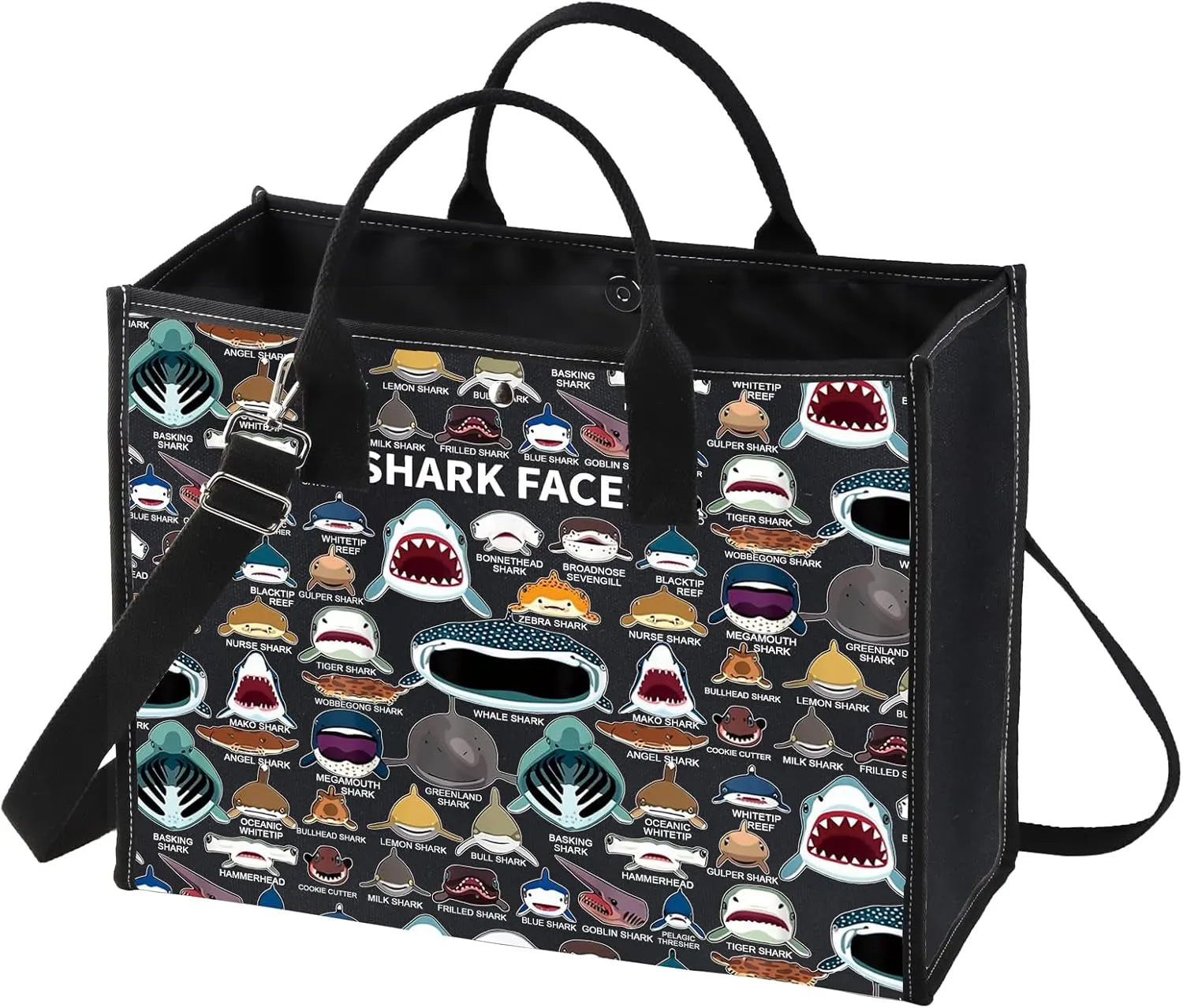 BWWKTOP Shark Face Canvas Tote Bag - Shark Lovers Gift - Reusable Grocery Bags