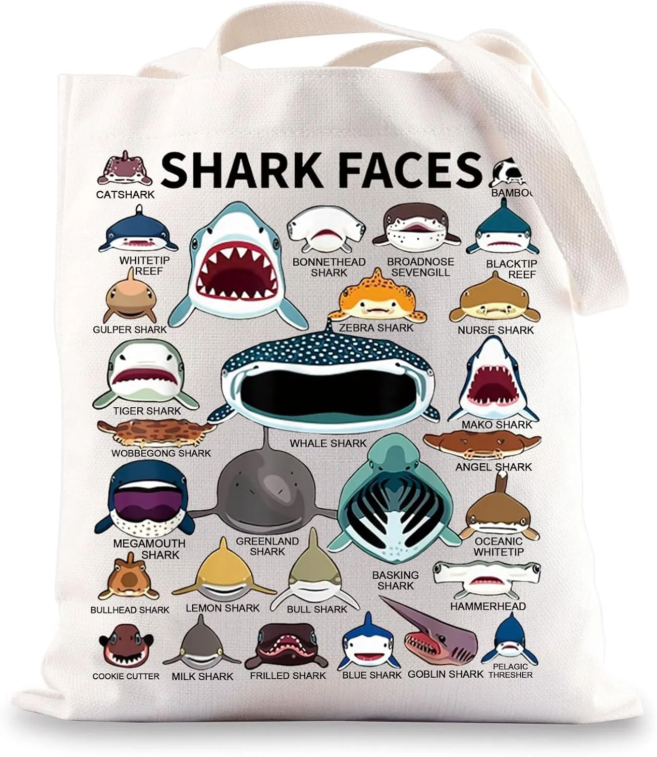 BWWKTOP Shark Face Canvas Tote Bag - Shark Lovers Gift - Reusable Grocery Bags