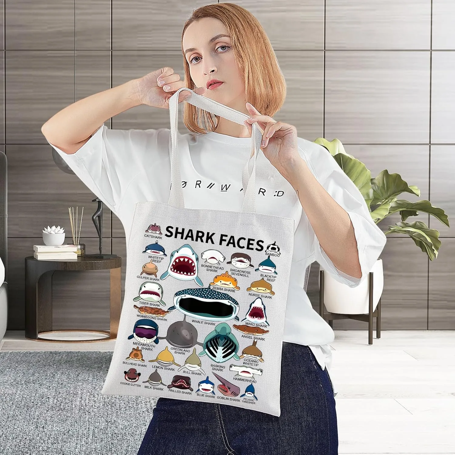 BWWKTOP Shark Face Canvas Tote Bag - Shark Lovers Gift - Reusable Grocery Bags