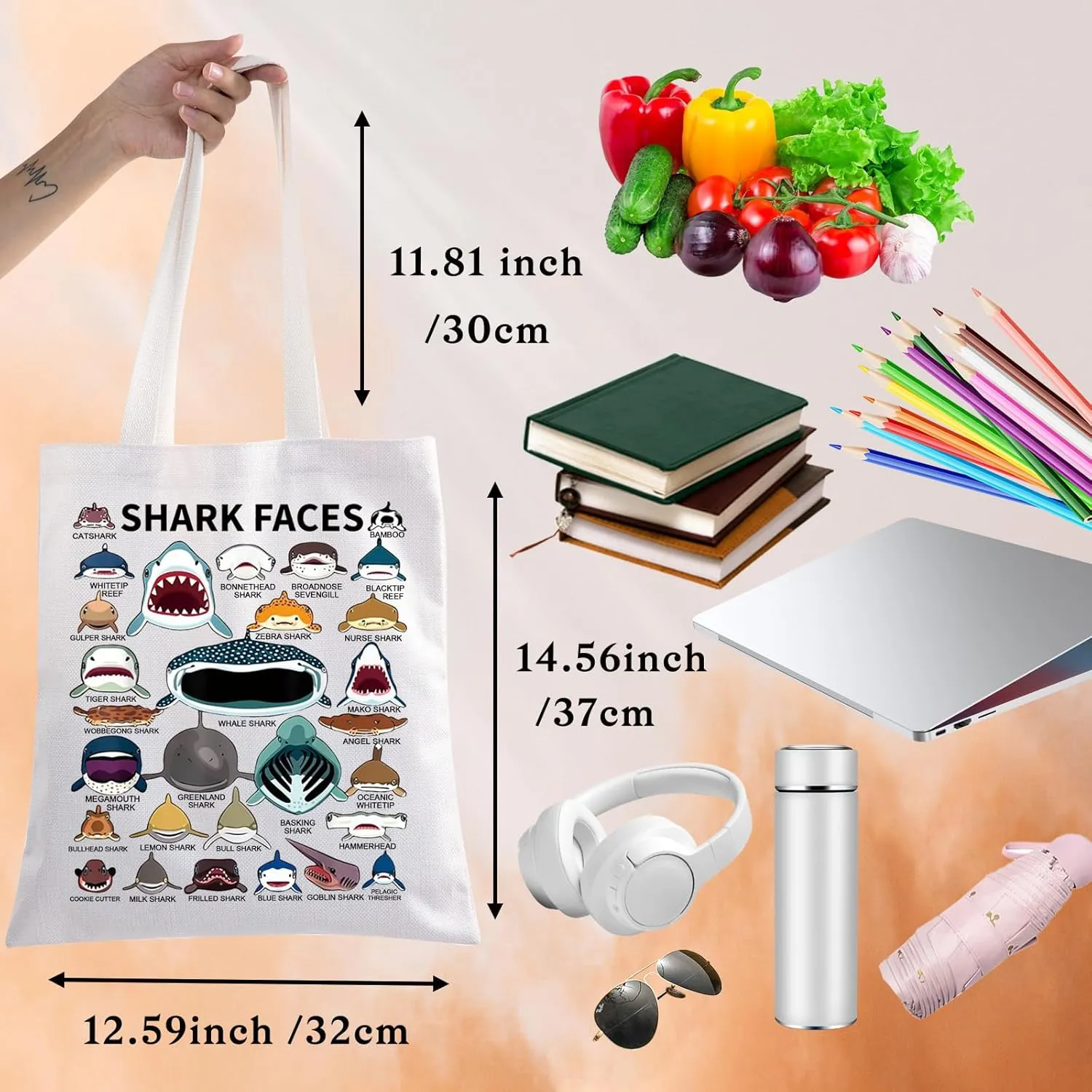 BWWKTOP Shark Face Canvas Tote Bag - Shark Lovers Gift - Reusable Grocery Bags