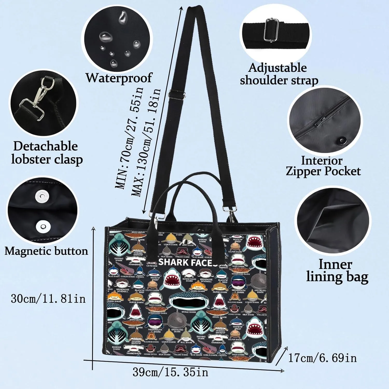 BWWKTOP Shark Face Canvas Tote Bag - Shark Lovers Gift - Reusable Grocery Bags