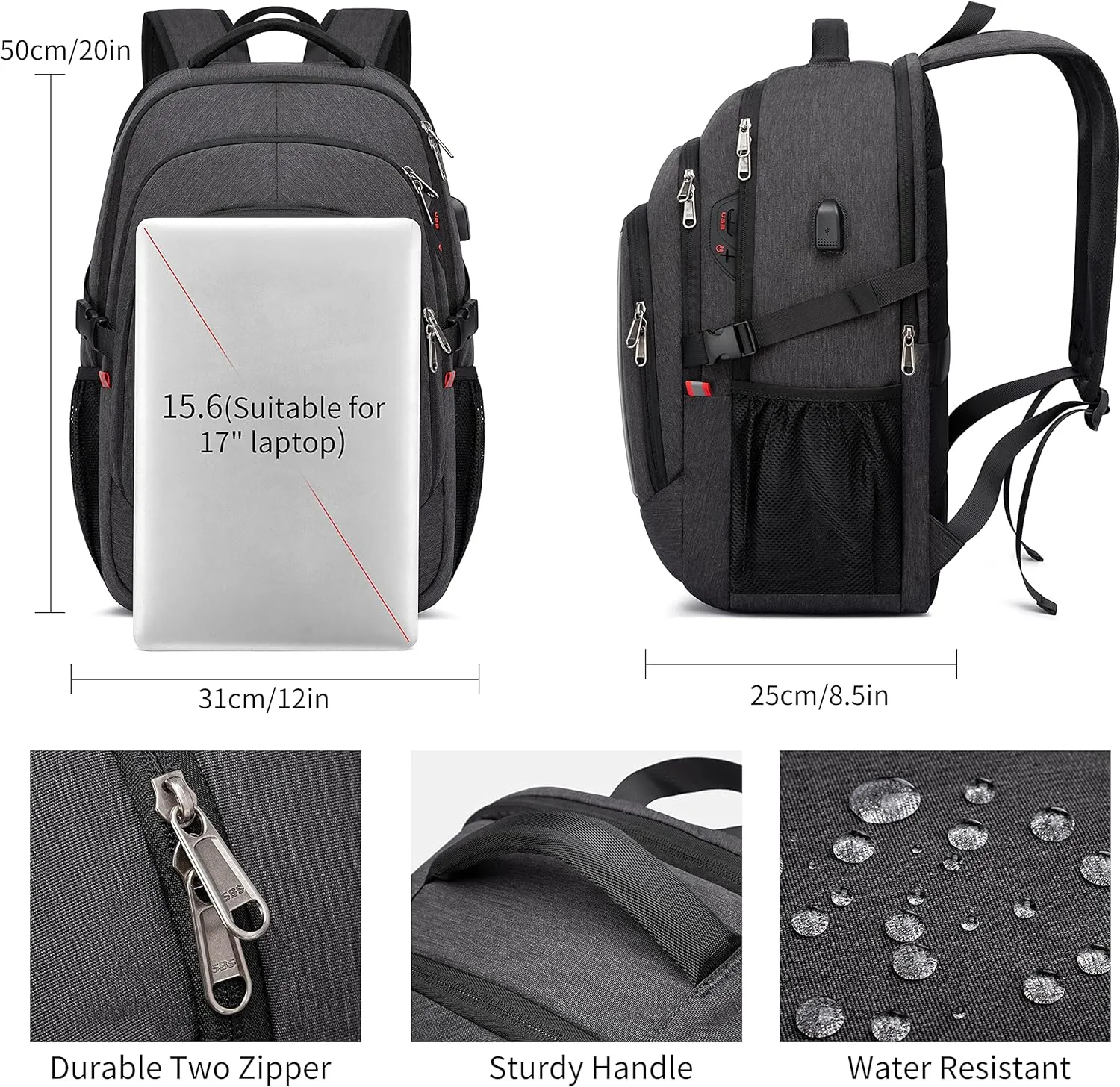 CAFELE Backpack,17.3in Durable Travel Laptop Backpack, College Backpack,RFID Anti Theft Pocket Big Business Computer Bag,Water Resistant School Bookbag for Teens Men Women,Gifts Grey