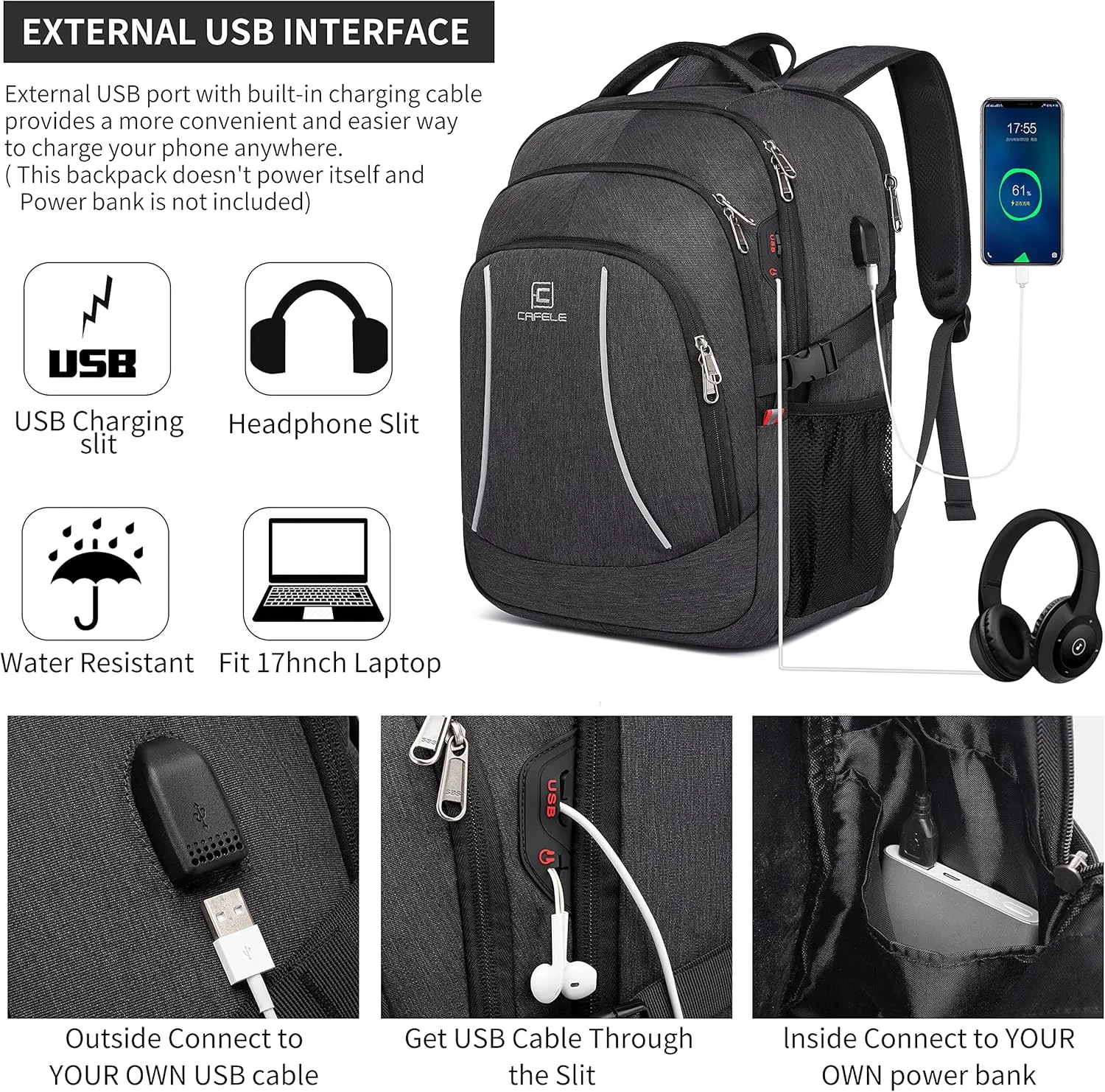 CAFELE Backpack,17.3in Durable Travel Laptop Backpack, College Backpack,RFID Anti Theft Pocket Big Business Computer Bag,Water Resistant School Bookbag for Teens Men Women,Gifts Grey