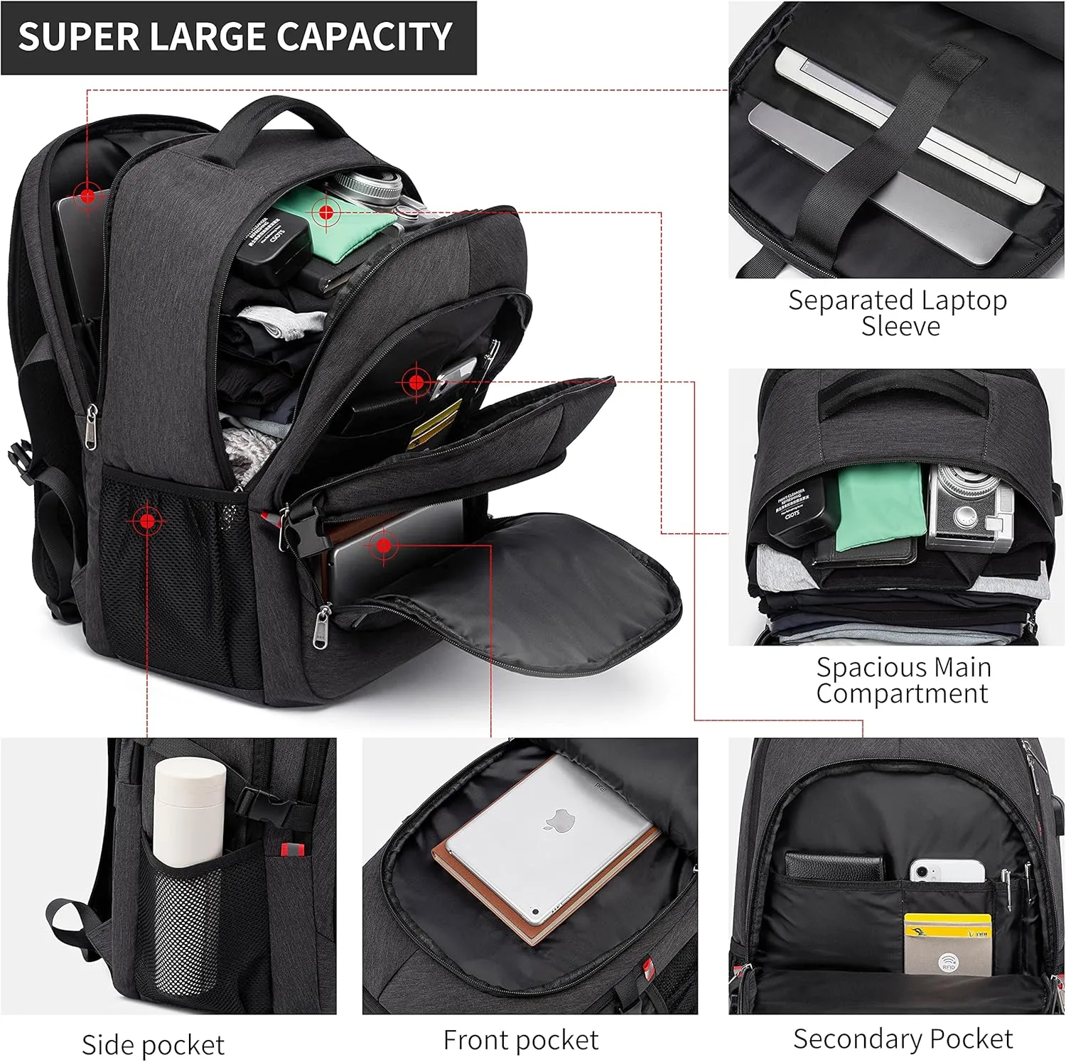 CAFELE Backpack,17.3in Durable Travel Laptop Backpack, College Backpack,RFID Anti Theft Pocket Big Business Computer Bag,Water Resistant School Bookbag for Teens Men Women,Gifts Grey