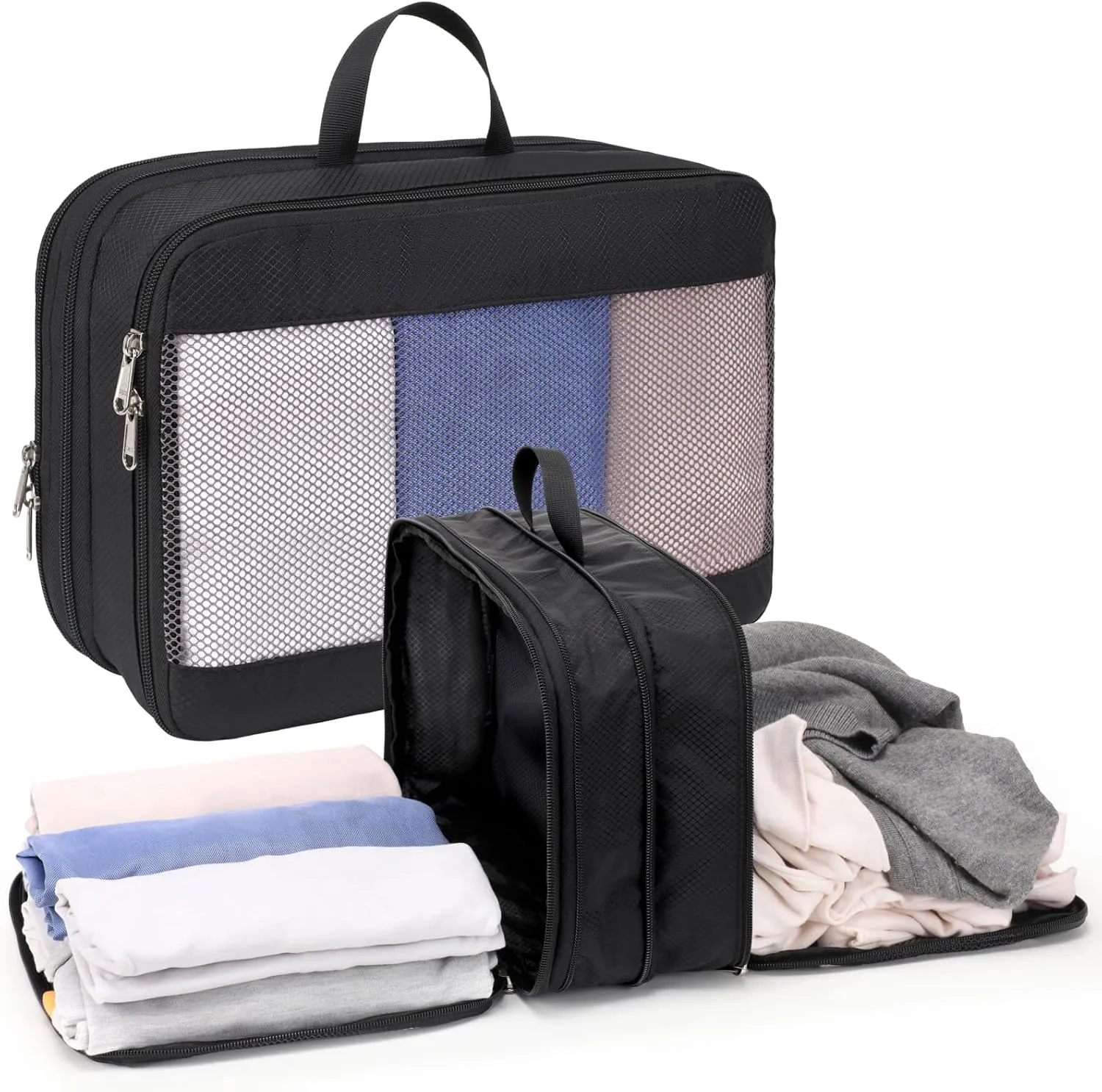 Cambond Double Sided Compression Packing Cubes - Expandable See Through Mesh Compression Cubes for Travel, Separate Clean and Dirty Clothes Efficient Packing Organizers for Road Trip, Cruise