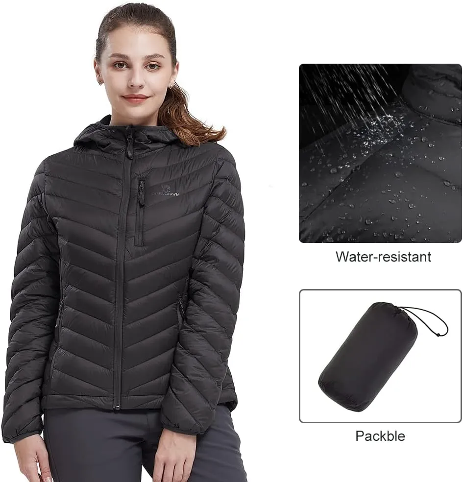 CAMEL CROWN Women's Down Jackets Lightweight Puffer Jackets Packable Quilted Winter Coat Hooded Outerwear With Chest Pocket