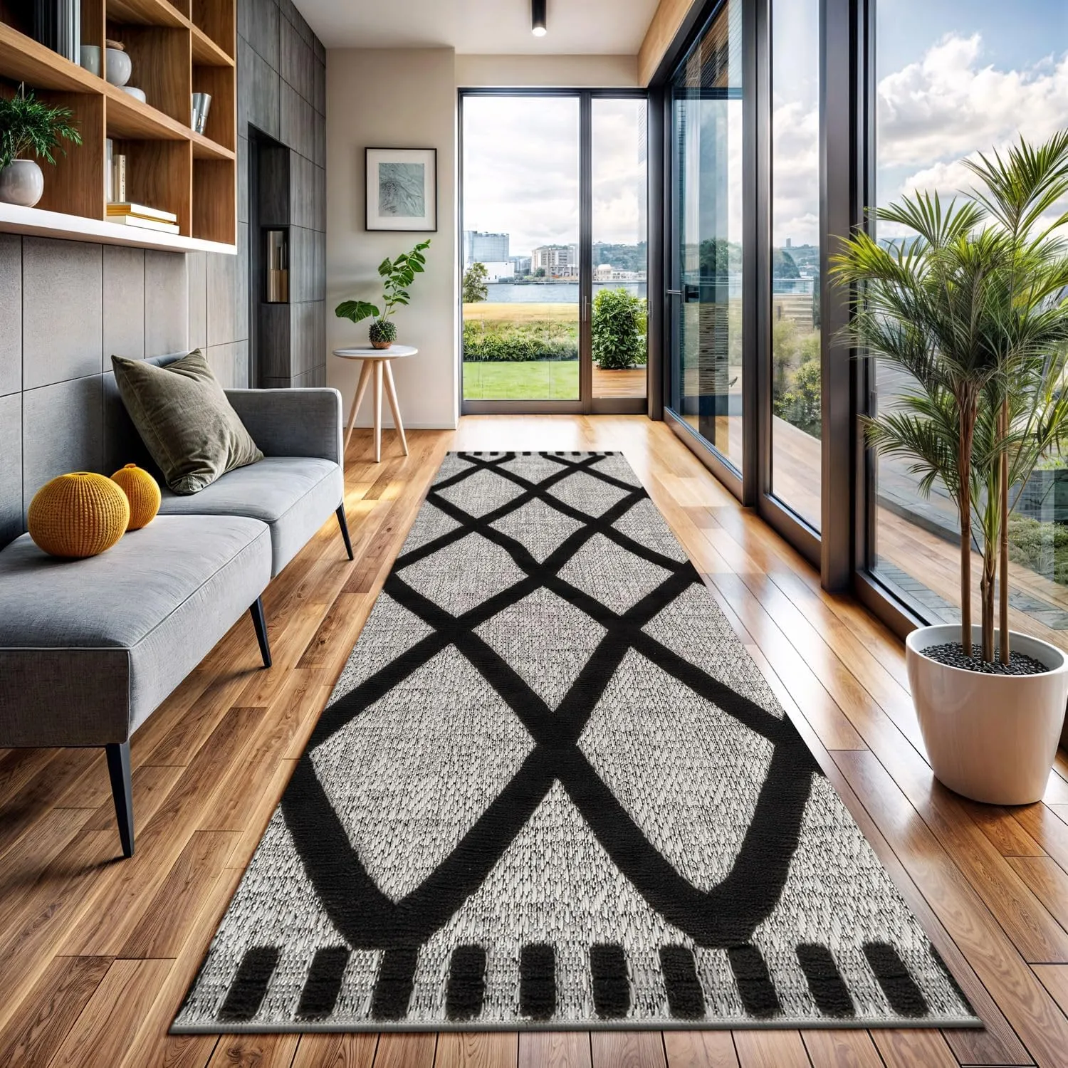 CAMILSON Modern Runner Rug 5x7 Luxury Diamond Pattern Micro Loop Hallway Rugs Soft High-Low Pile Stain Resistant Easy to Clean Non-Shedding Durable Entryway Kitchen Indoor Area Carpet (Black/Gray)