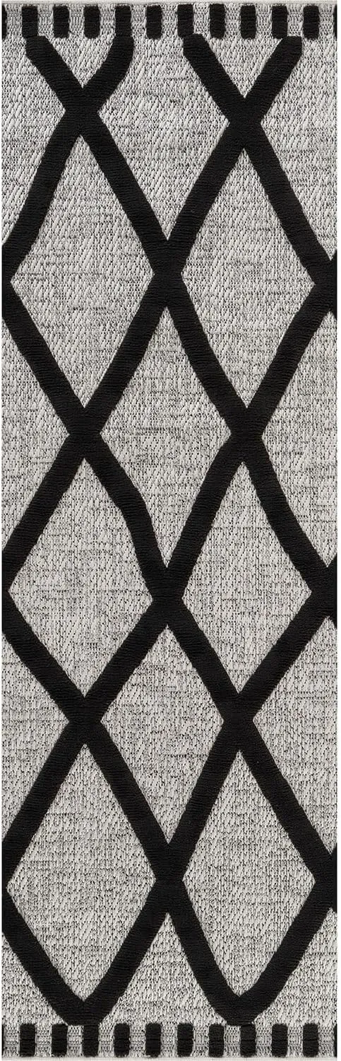 CAMILSON Modern Runner Rug 5x7 Luxury Diamond Pattern Micro Loop Hallway Rugs Soft High-Low Pile Stain Resistant Easy to Clean Non-Shedding Durable Entryway Kitchen Indoor Area Carpet (Black/Gray)