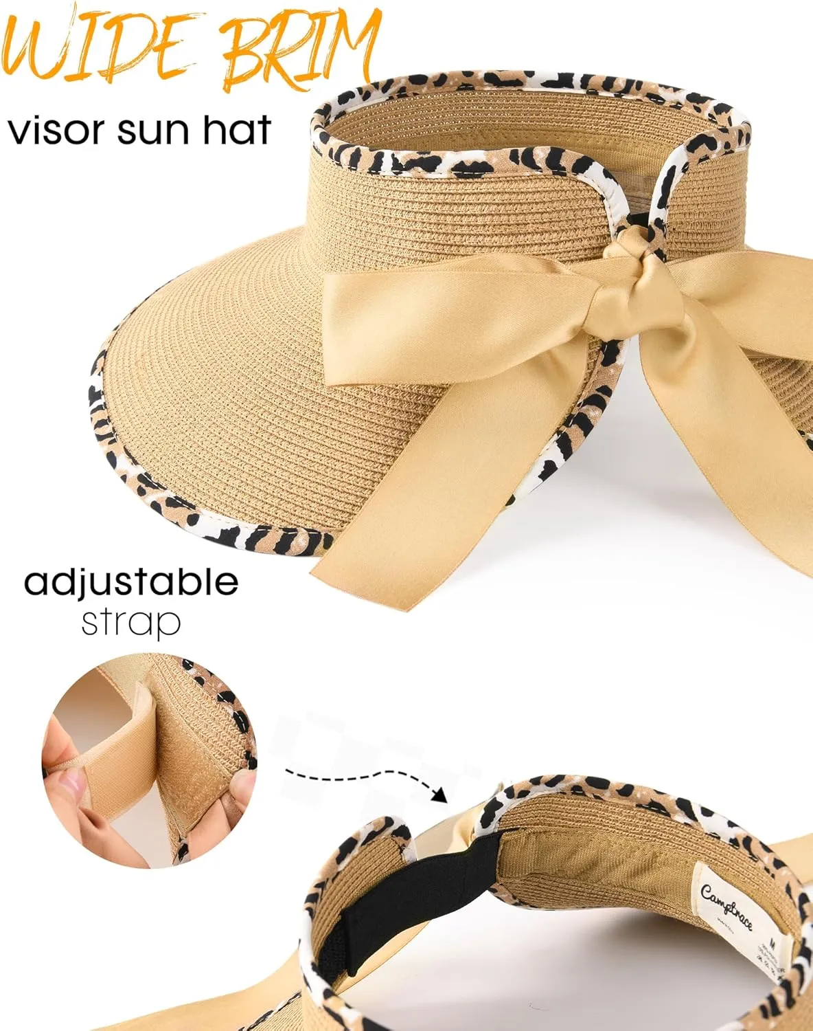 Camptrace Sun Visors for Women Wide Brim Beach Hat Foldable Straw Visor Hat Ponytail Summer Packable UPF 80 