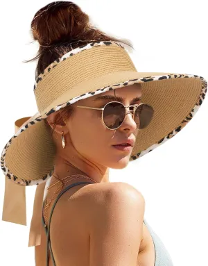Camptrace Sun Visors for Women Wide Brim Beach Hat Foldable Straw Visor Hat Ponytail Summer Packable UPF 80 
