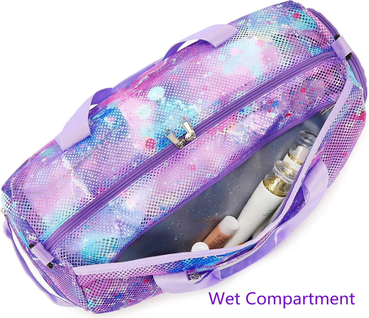 CAMTOP Duffle Bag for Travel Kid Small Overnight Weekender Sleepover Mesh bag Carry On Dance Sport Bag with Shoe & Wet Compartment for Swim Beach Camp Travel (Bubble Purple Pink)