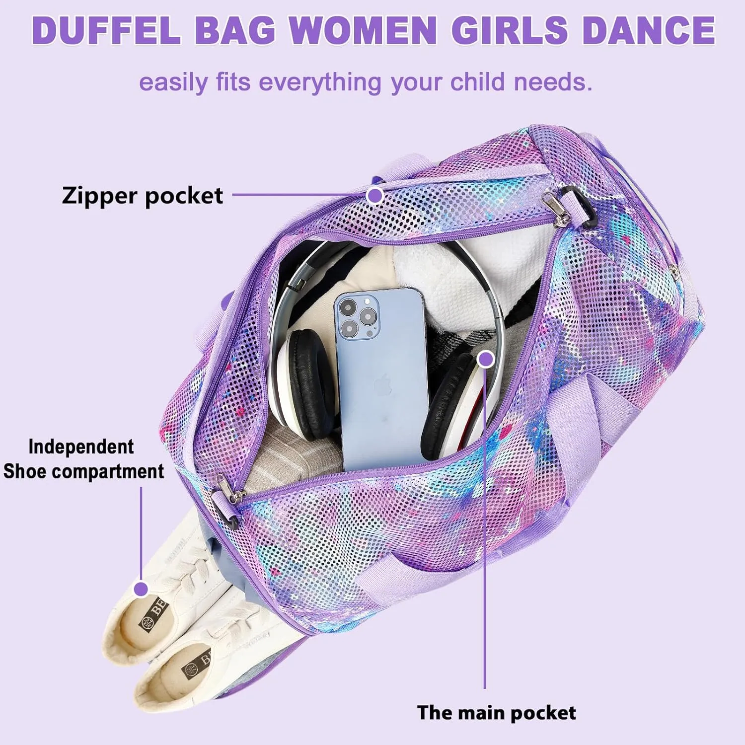 CAMTOP Duffle Bag for Travel Kid Small Overnight Weekender Sleepover Mesh bag Carry On Dance Sport Bag with Shoe & Wet Compartment for Swim Beach Camp Travel (Bubble Purple Pink)