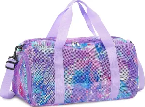 CAMTOP Duffle Bag for Travel Kid Small Overnight Weekender Sleepover Mesh bag Carry On Dance Sport Bag with Shoe & Wet Compartment for Swim Beach Camp Travel (Bubble Purple Pink)