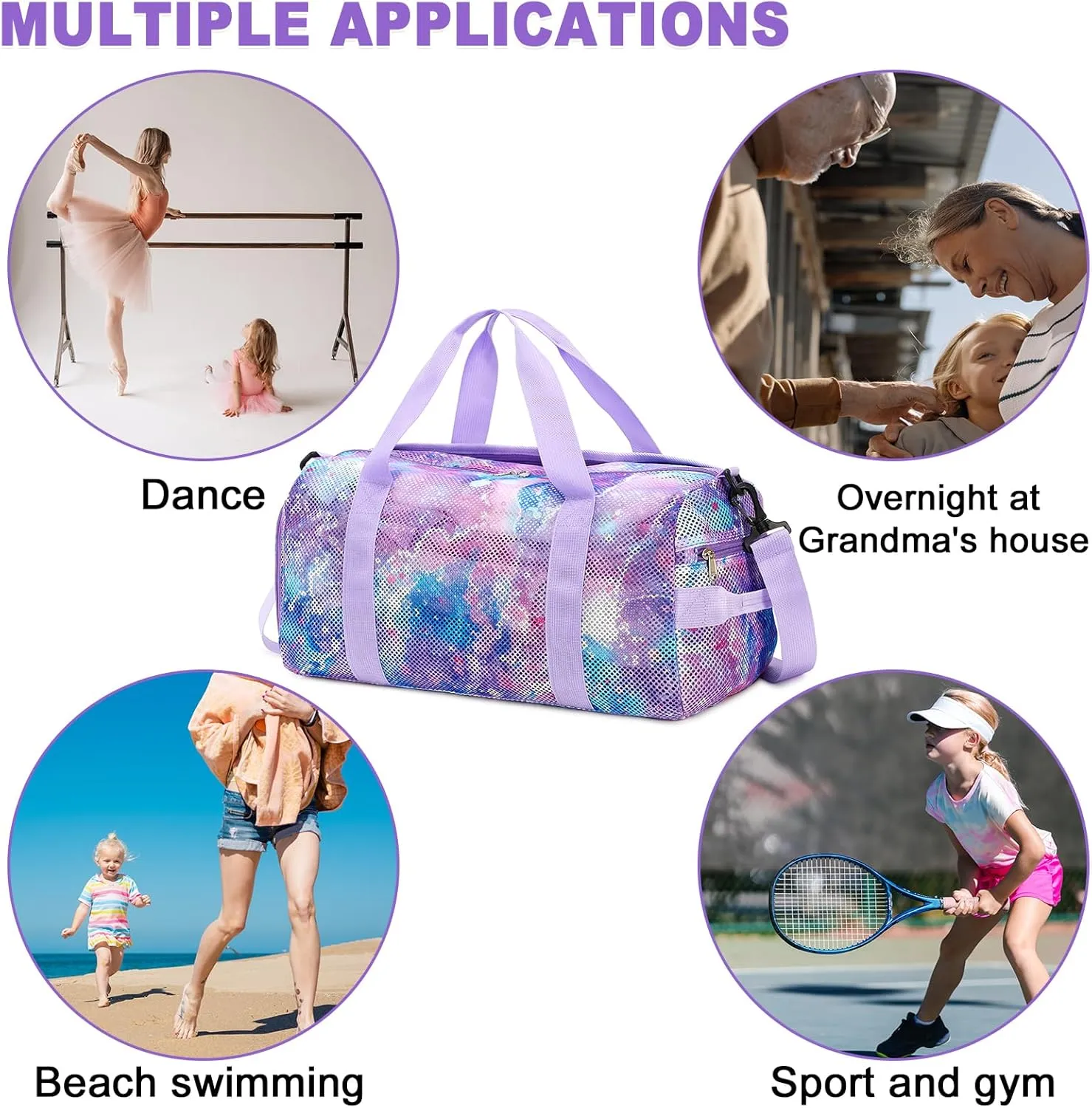 CAMTOP Duffle Bag for Travel Kid Small Overnight Weekender Sleepover Mesh bag Carry On Dance Sport Bag with Shoe & Wet Compartment for Swim Beach Camp Travel (Bubble Purple Pink)