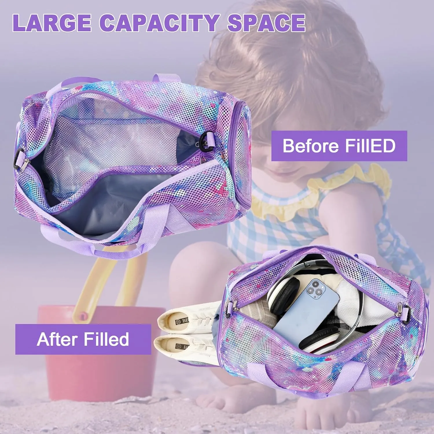 CAMTOP Duffle Bag for Travel Kid Small Overnight Weekender Sleepover Mesh bag Carry On Dance Sport Bag with Shoe & Wet Compartment for Swim Beach Camp Travel (Bubble Purple Pink)