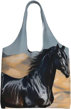Canvas Aesthetic Tote Bag for Women Handbag Black Arabian Horse Reusable Grocery Bags with Handles