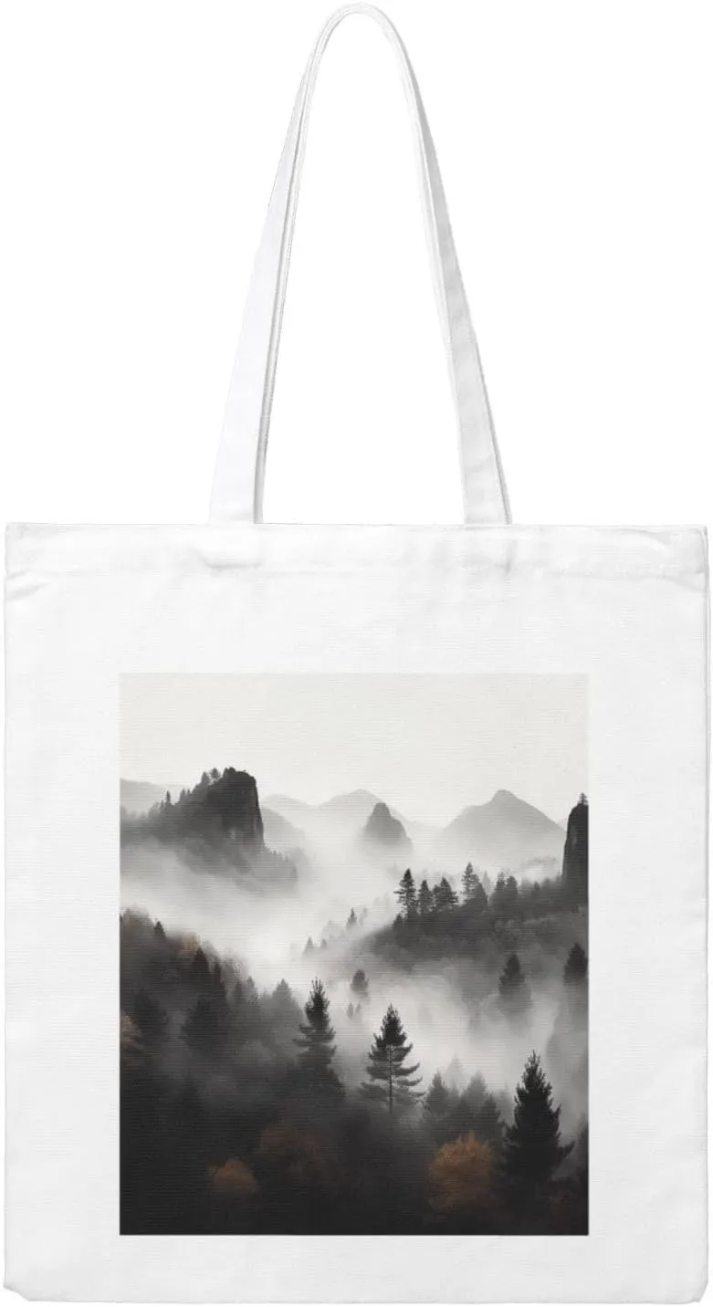 Canvas Aesthetic Tote Bag for Women Handbag Foggy Mountains Forest Reusable Grocery Bags with Handles