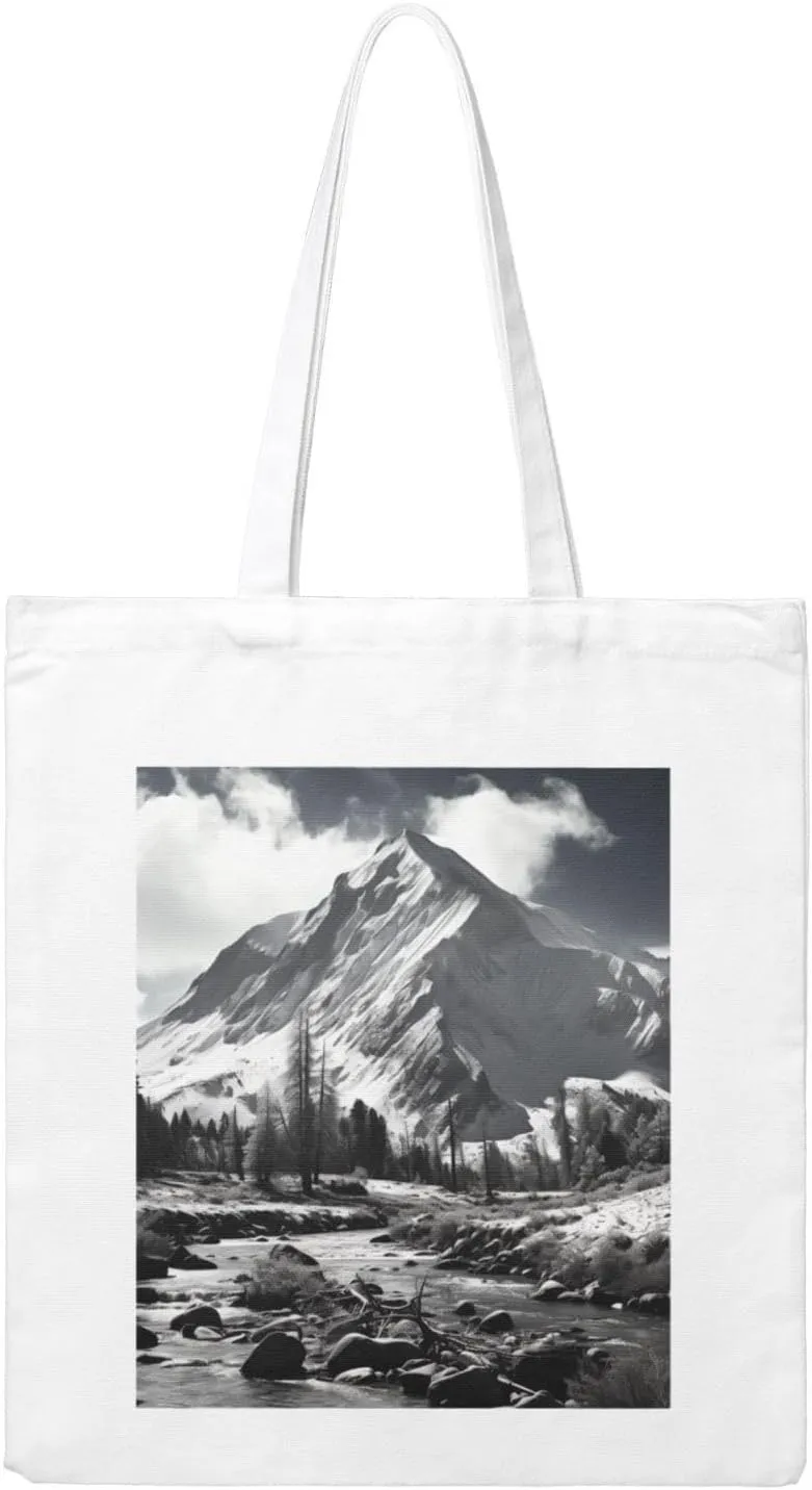 Canvas Aesthetic Tote Bag for Women Handbag Retro forest and mountains Reusable Grocery Bags with Handles