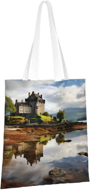 Canvas Aesthetic Tote Bag for Women Handbag Scotland Castle Water Lake Scottish Reusable Grocery Bags with Handles