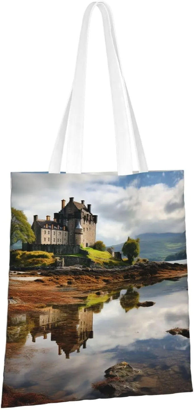 Canvas Aesthetic Tote Bag for Women Handbag Scotland Castle Water Lake Scottish Reusable Grocery Bags with Handles