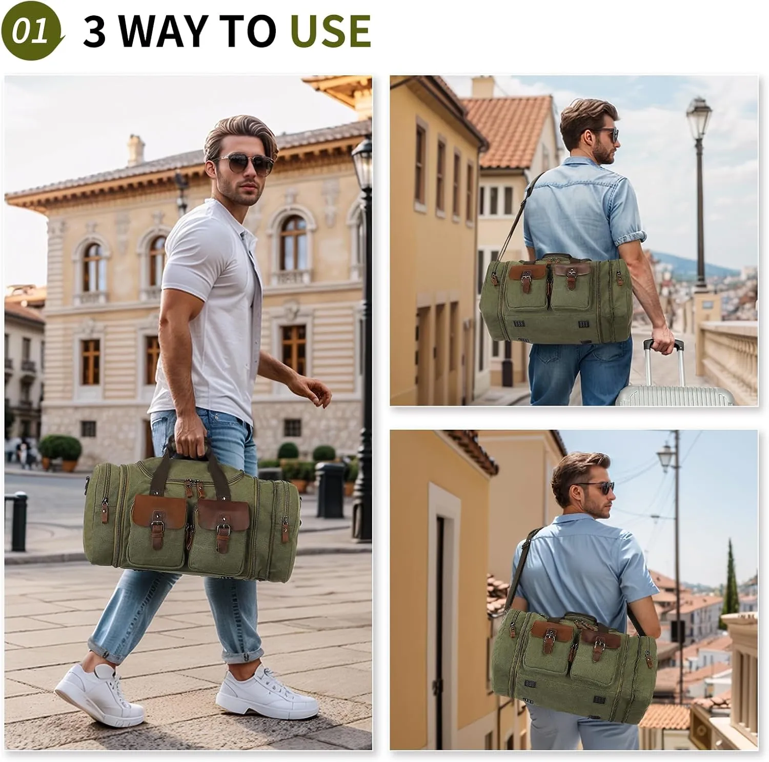 Canvas Duffle Bag with Genuine Leather Accents, Expandable 20-23 Inch Travel Weekender, Multiple Pockets, Green