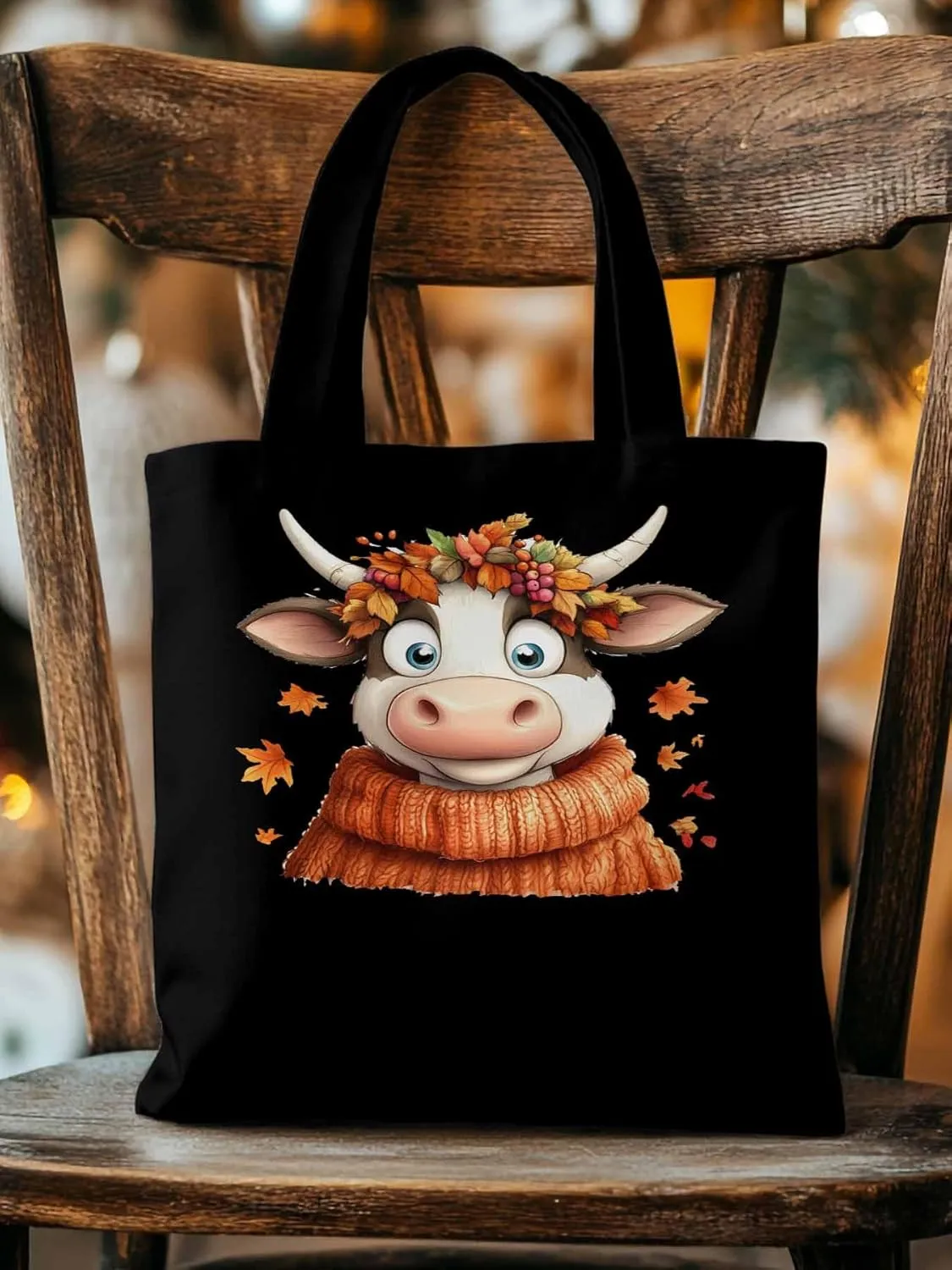 Canvas Tote Bag, Fall Orange Cow patterned Canvas Tote Handbags for Women Shoulder Bag,