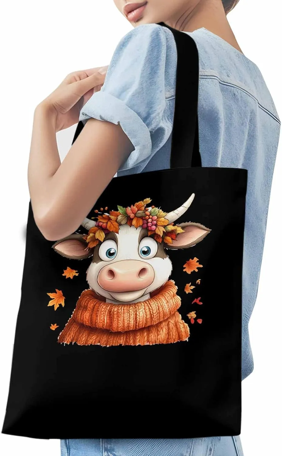 Canvas Tote Bag, Fall Orange Cow patterned Canvas Tote Handbags for Women Shoulder Bag,
