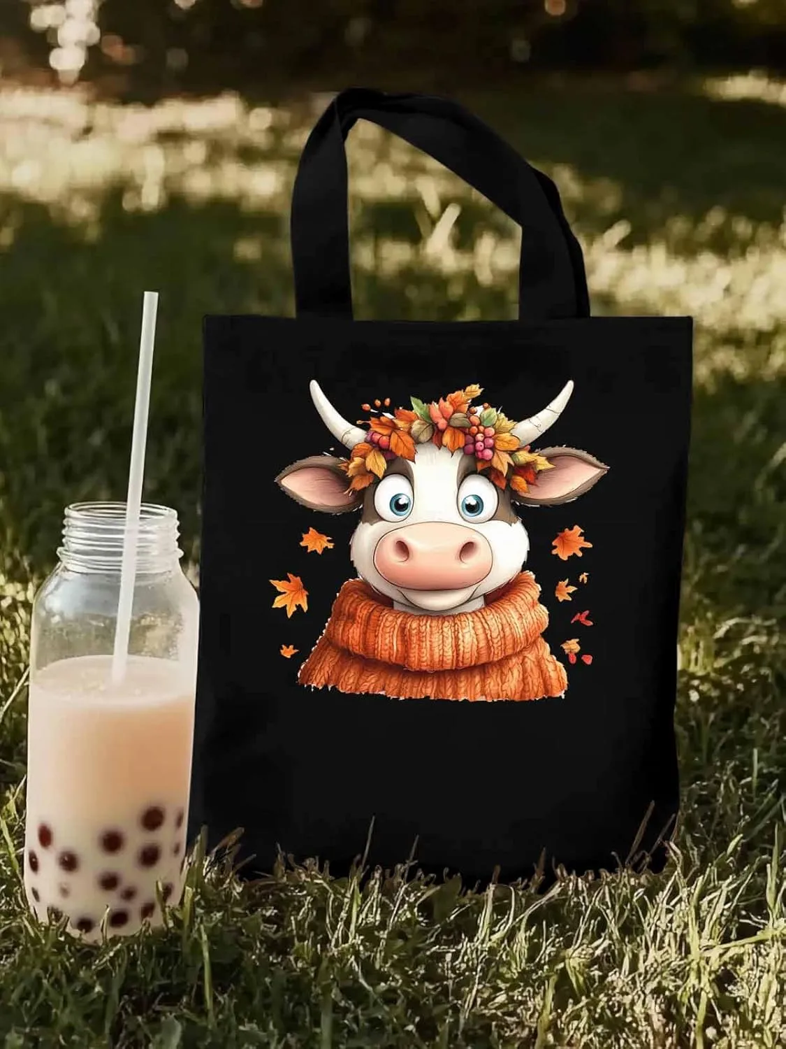 Canvas Tote Bag, Fall Orange Cow patterned Canvas Tote Handbags for Women Shoulder Bag,