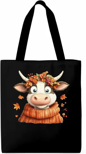 Canvas Tote Bag, Fall Orange Cow patterned Canvas Tote Handbags for Women Shoulder Bag,