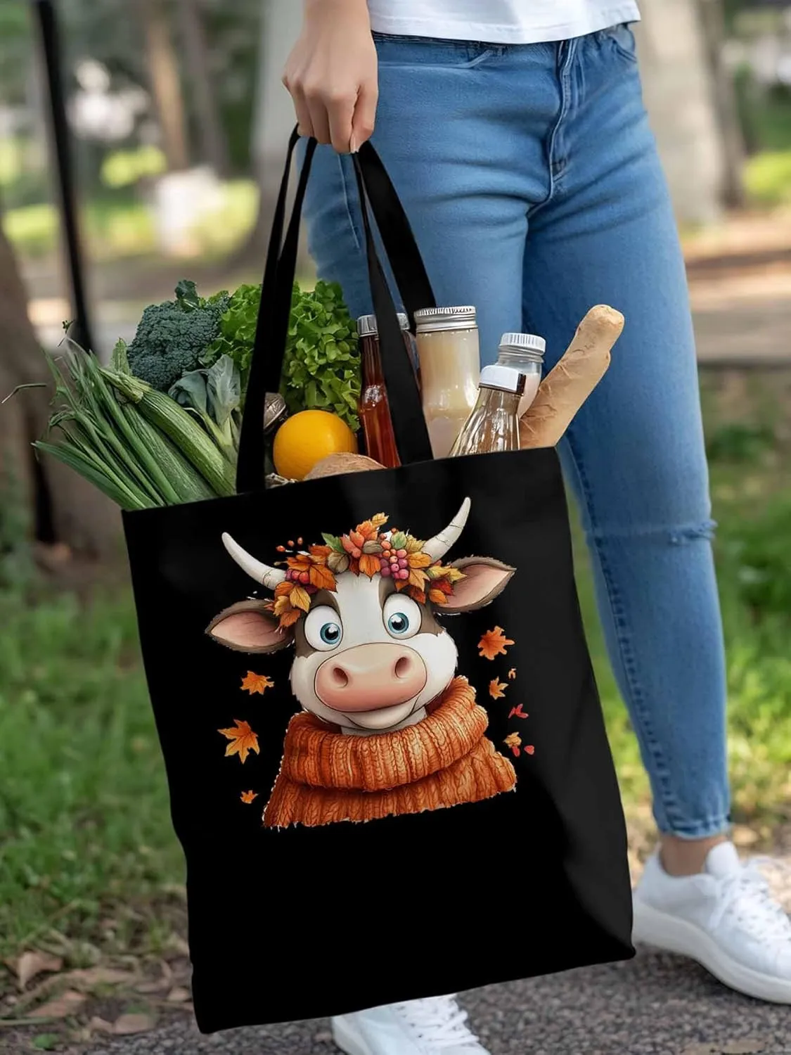 Canvas Tote Bag, Fall Orange Cow patterned Canvas Tote Handbags for Women Shoulder Bag,