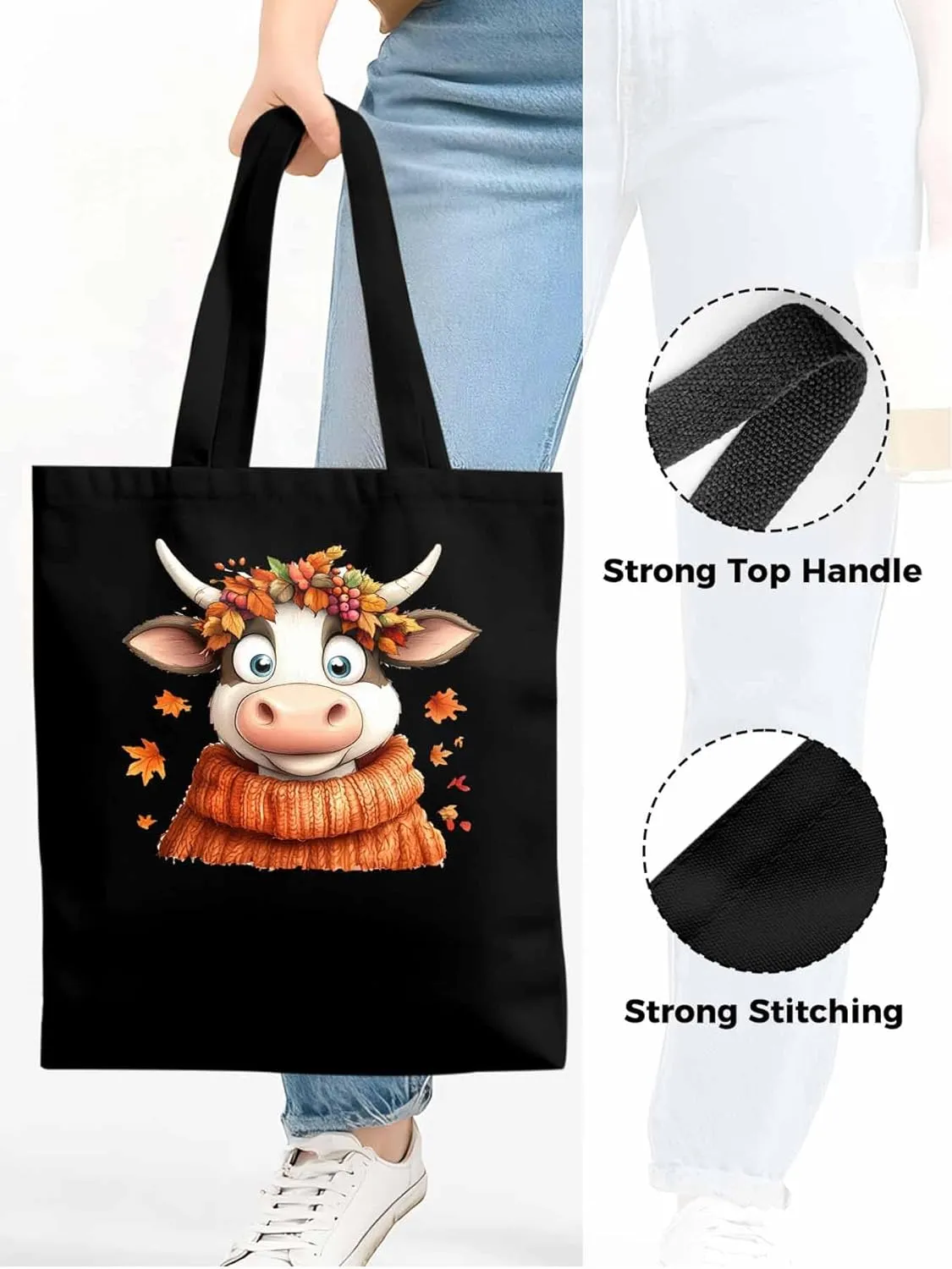Canvas Tote Bag, Fall Orange Cow patterned Canvas Tote Handbags for Women Shoulder Bag,