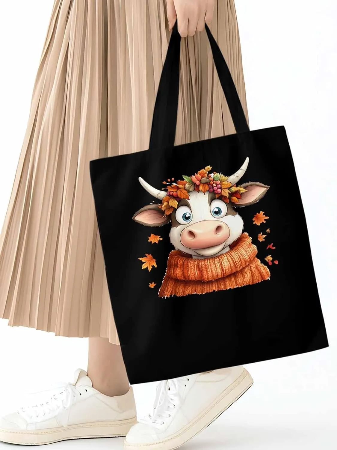 Canvas Tote Bag, Fall Orange Cow patterned Canvas Tote Handbags for Women Shoulder Bag,