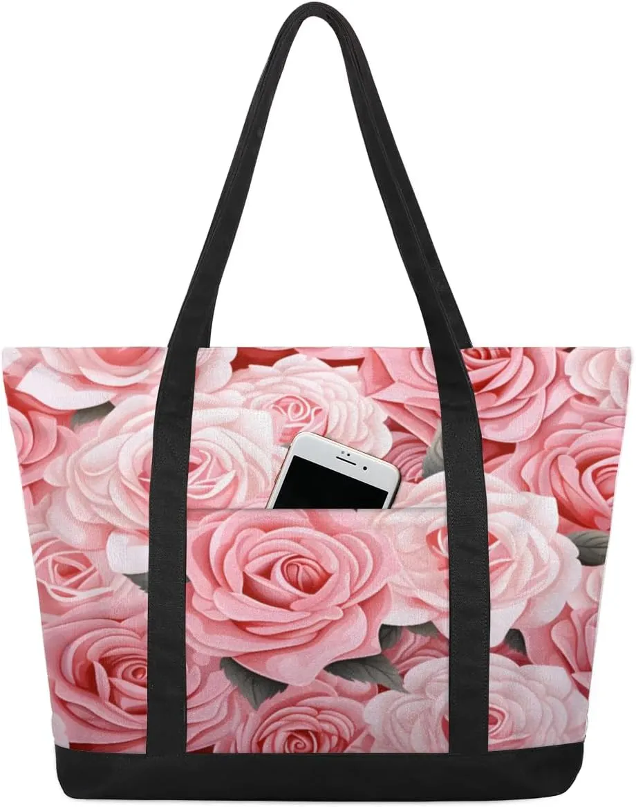Canvas Tote Bag for Women Flower Reusable Grocery Shopping Bag with Zipper Women Gift